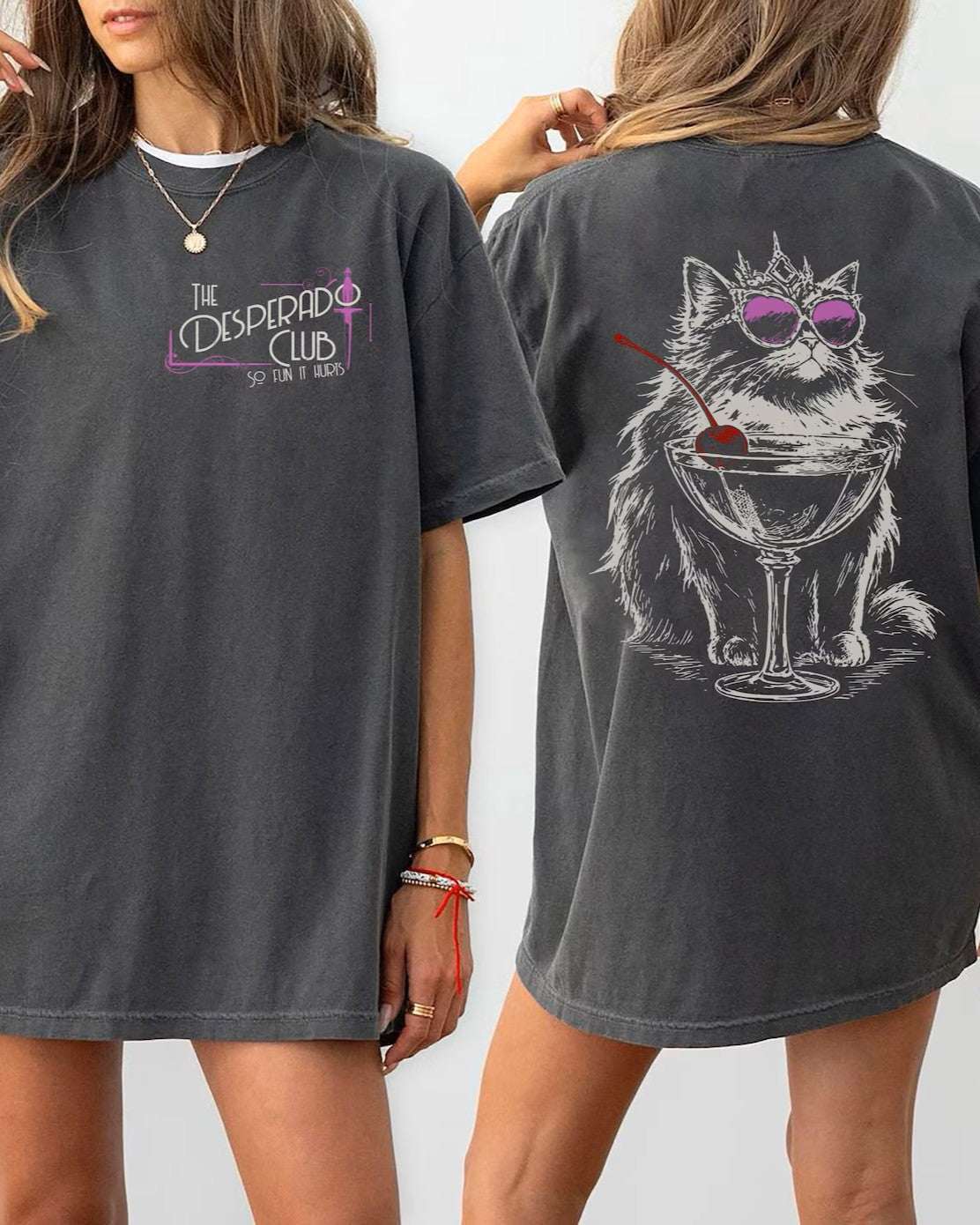 Front and back Pepper tee mockup with Desperado Club lettering at the chest and a crowned cat in purple glasses behind a cocktail glass on the back